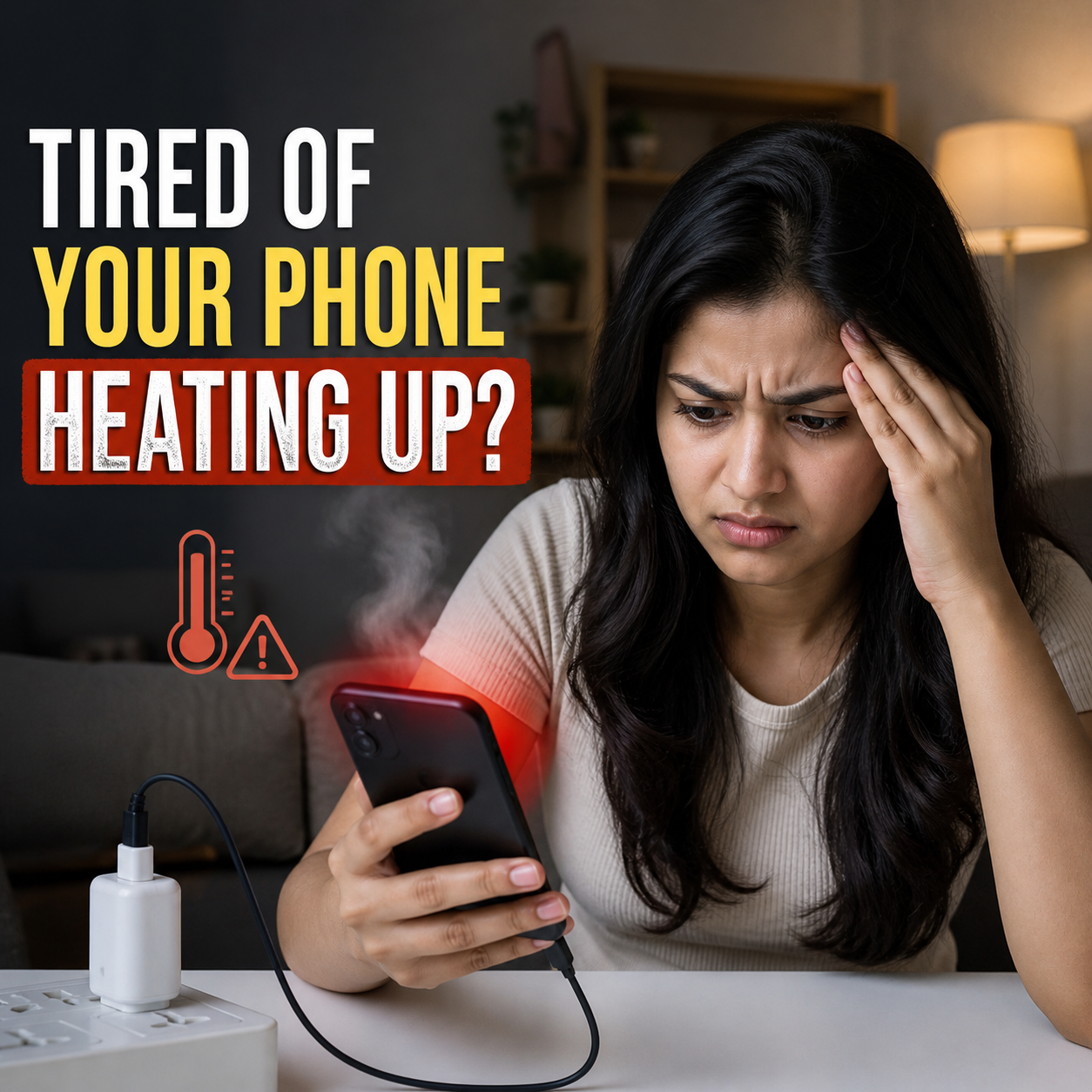 Woman holding a overheating phone with text 'Tired of your phone heating up?'